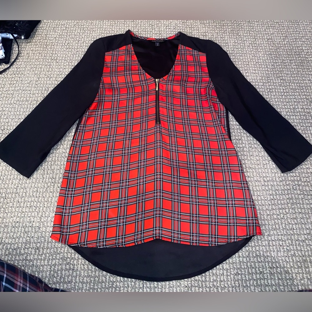 Retro Express Women’s Shirt Red Black & Gray Zip Front Plaid ¾ Sleeves!